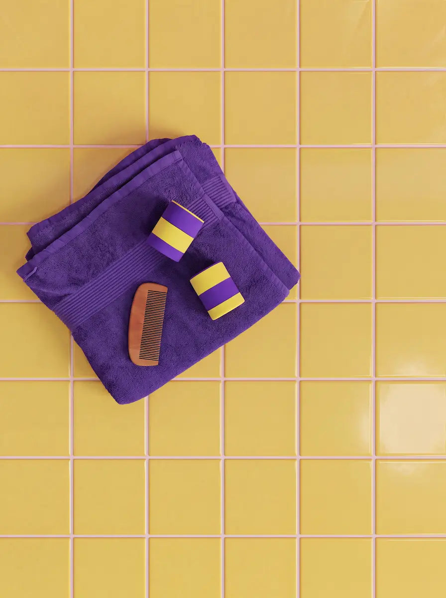 Two silicone travel cases in purple and yellow on a folded purple towel with a wooden comb