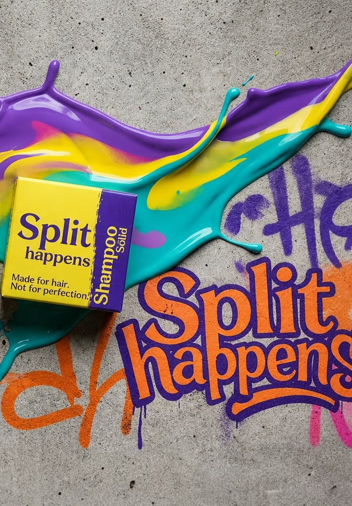 Split Happens solid shampoo box with colourful paint splash and graffiti lettering