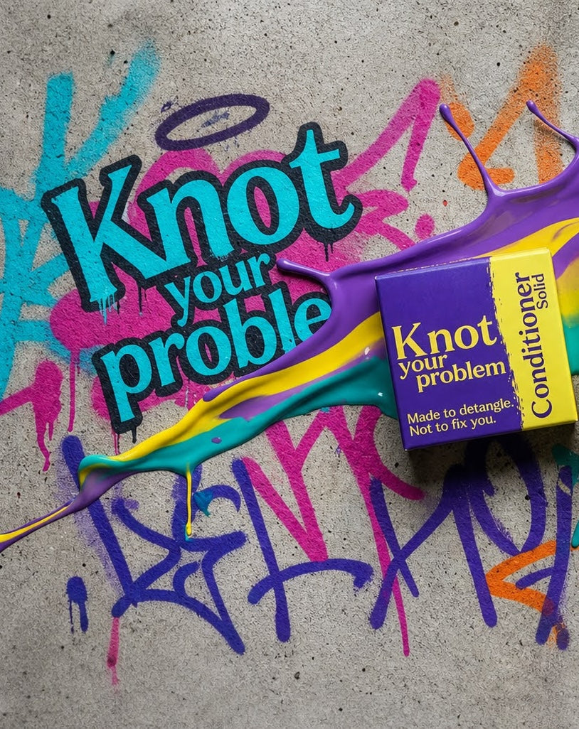 Knot Your Problem solid conditioner box with colourful paint splash and graffiti lettering