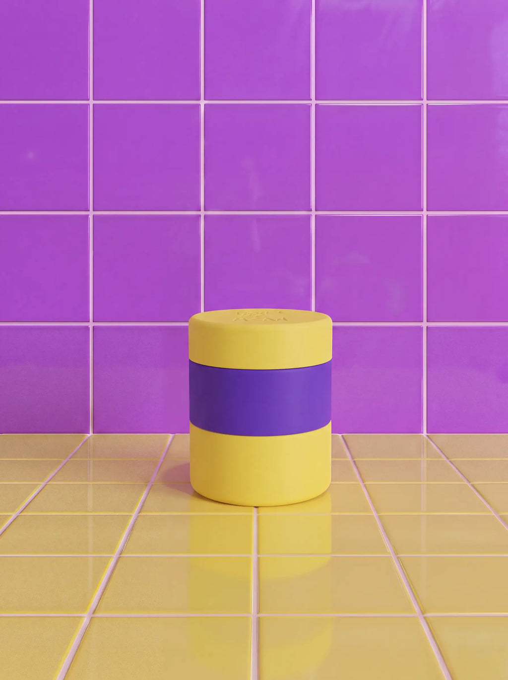 Just in Case silicone travel case for two bars, yellow with purple band, closed