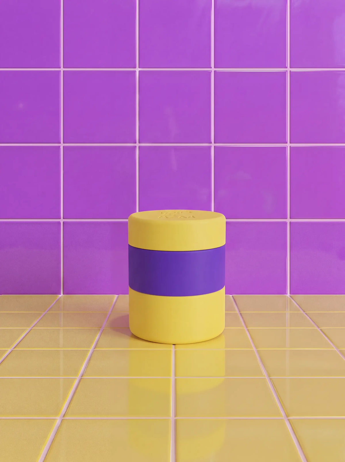 Just in Case silicone travel case for two bars, yellow with purple band, closed